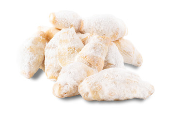 Fresh baked bagels sprinkled with sugar. isolated on white background