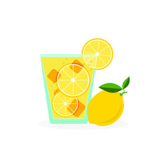 A glass of lemonade juice. lemon slices and ice cubes. Vector illustration eps 10