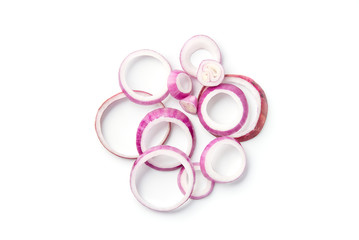 Sliced red onion rings on white background