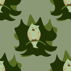 owl on a branch against the background of a forest doodle seamless patterrn for design and print.