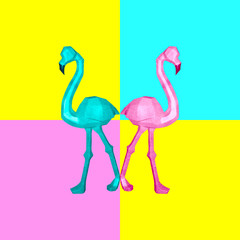 Contemporary collage. Two flamingos on a colorful background that look in different directions. The concept of psychology, abstraction.