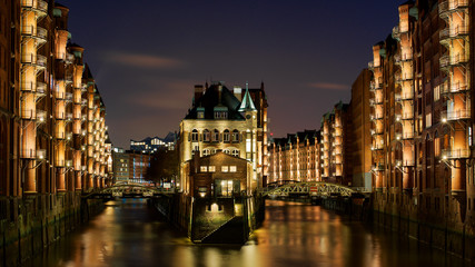 Fototapeta na wymiar City view of Speicherstadt of Hamburg, Germany at night
