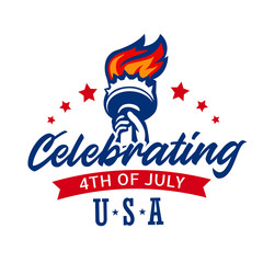 The USA Celebrating 4th of July, Happy independence day with a statue of liberty Torch and stars. Vector illustration on white background. © Tajuddin