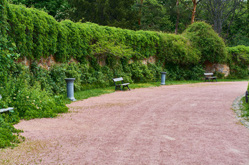 Wide path of crushed stone in green garden, spring park with wooden benches.