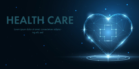 Abstract technology and health care background with glowing low poly heart, cross sign, shiny tiny particles and sparkle effect. © pprothien