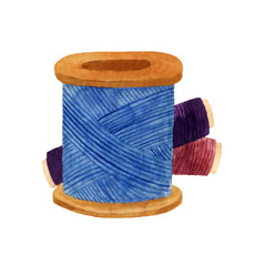 Watercolor illustration of blue, purple and pink coils of sewing threads