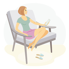 A beautiful lady is sitting in an armchair. The girl looks and speaks on the phone. The woman has a slim figure. Vector illustration