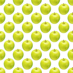 Pattern of green apples on a white background. Isolated fruits. Image for fabric, wallpaper and wrapping paper.
