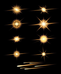 Stars and meteorites set. Vector realistic meteors and stars