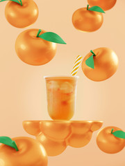 Minimal Beverage background for smoothie and drink presentation. Orange cloud podium with falling orange on orange background. Cafe poster templates mockup . 3d render illustration.