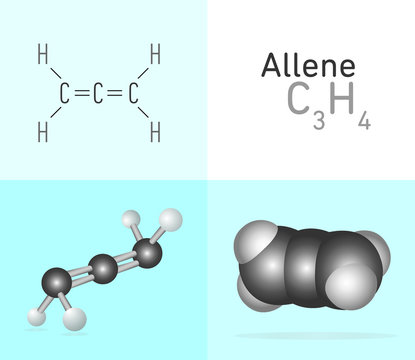 Allene, propadiene (C3H4) gas molecule. Two 
different molecule model and chemical formula. Ball, stick and Space filling model. Structural Chemical Formula and Molecule Model. Chemistry Education