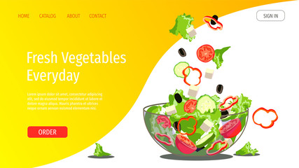 Web page design template for fresh vegetables, salad, organic food, natural products, online food ordering, recipes. Vector illustration for poster, banner, website, flyer, advertising, menu.