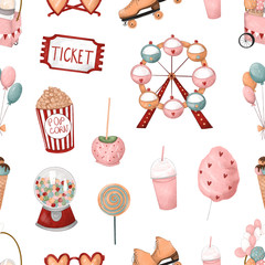 Amusement park, seamless pattern with carnival items, cotton candy, sweets, bubble gum
