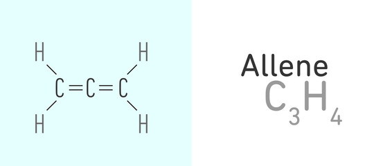 Allene, propadiene (C3H4)  gas molecule.Stick model. Structural Chemical Formula. Chemistry Education