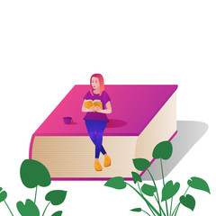 Fototapeta na wymiar Woman sitting on big book and reading book. Concept flat vector illustration on white background.