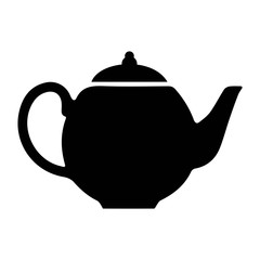 Kettle, for tea ceremony, tea time, kitchen object. Black silhouette, isolated on white background, vector.