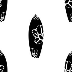 Surf board seamless pattern, summer beach festival, wave conquering. Black silhouette with white doudle flower, isolated on white background, vector.