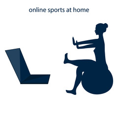 Online training. Woman at home, exercise sitting on a gnastic ball, laptop - icon, isolated on white background - vector. Mental health Yoga. Fitness Pilates.
