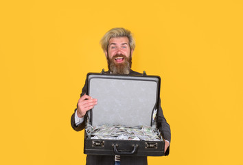 Business. Businessman hold case with money. Concept of dirty money. Successful businessman with case. Bribe and money laundering. Business man with suitcase full of money.