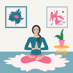 Obraz premium Woman at home sitting on the floor in lotus position, yoga, interior - vector. Mental health Sports training at home.