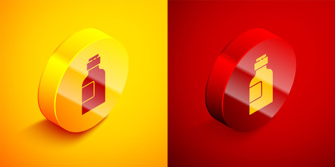 Isometric Bottle of medicine syrup icon isolated on orange and red background. Circle button. Vector