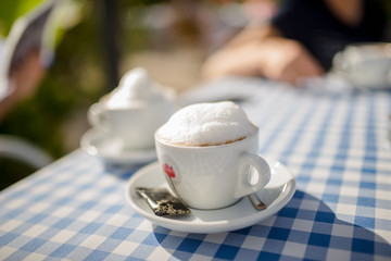 Cafe coffee espresso summer terrace restaurant on Dobrota streets Montenegro  trip travel summer spring