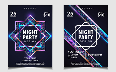 Night party music layout poster design template background with elegant dark and light colorful. Luxury cover electro style vector for concert disco, club party, event flyer, invitation nightclub