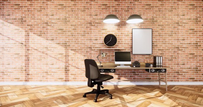 Business room  Empty Loft style with white brick design loft style.3D rendering