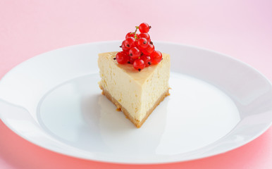 Slice of red currant New York Cheesecake on white plate on pink background