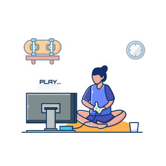 Flat Outline Illustration Vector Graphic of People Play games at home. Modern and Vintage Setup Style.