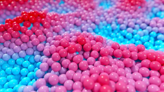 Dynamic bright balls on a moving wave surface. Seamless loop 3d render