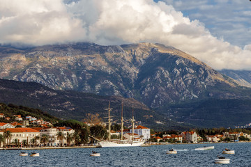 Fototapeta na wymiar Sea buildings mountains boat Dobrota Montenegro trip travel summer spring nature journey