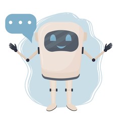 Positive character chat bot, robot standing isolated on white background stock vector illustration. Communication assistant, intelligence machine with bubble. 