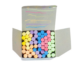 Top view of colorful chalk stick in a white box.