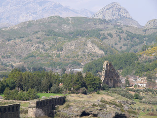 Nature and mountains around the ruins of the ancient city of Aspendos, Antalya southern Turkey