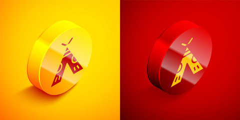 Isometric Traditional indian teepee or wigwam icon isolated on orange and red background. Indian tent. Circle button. Vector © Kostiantyn