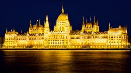 Night view of the Hungarian Parliament Building in Budapest, Hungary