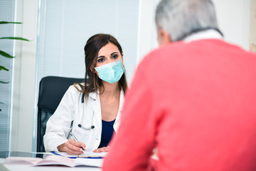 Masked doctor listening to a patient