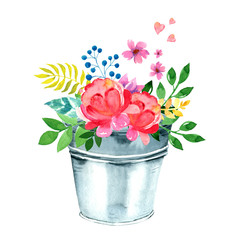  Watercolor bucket with flowers. Hand draw illustration isolated on a white background