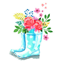 Watercolor rubber boots decorated with flower. Hand draw illustration isolated on a white background