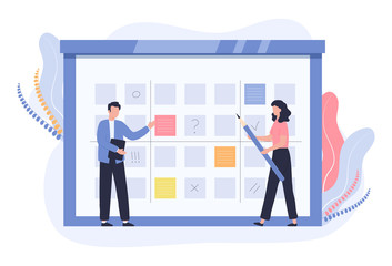 Concept of business planning, schedule, work control. A man with a tablet checks the list of plans. A woman with a pencil makes notes. Vector flat illustration on a white background