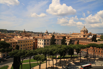 Street top view skyline of ancient city in Rome with old district and square from the roof