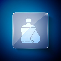 White Big bottle with clean water icon isolated on blue background. Plastic container for the cooler. Square glass panels. Vector