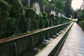 Pathway with fountains and leafs in Italy