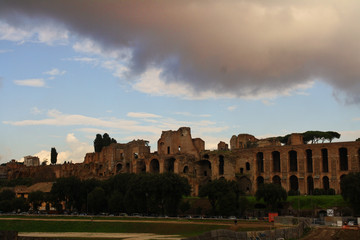 Fototapeta na wymiar roman forum in rome italy. Ruins of Temple of Apollo Palatinus and Circus Maximus