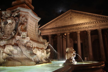Night Roman city street view. Italy and italian monuments. Pantheon with fountain