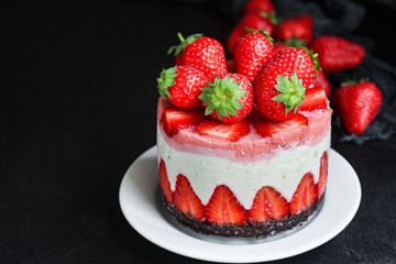 cheesecake strawberrie, sweet mascarpone dessert cake with berries Menu concept healthy eating serving. food background top view copy space for text