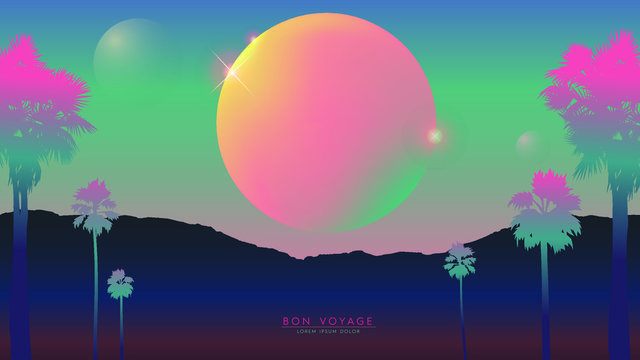 Aesthetic illustration of soft pastel neon mountain view cosmic landscape, nostalgic retrowave / vaporwave VHS vibes