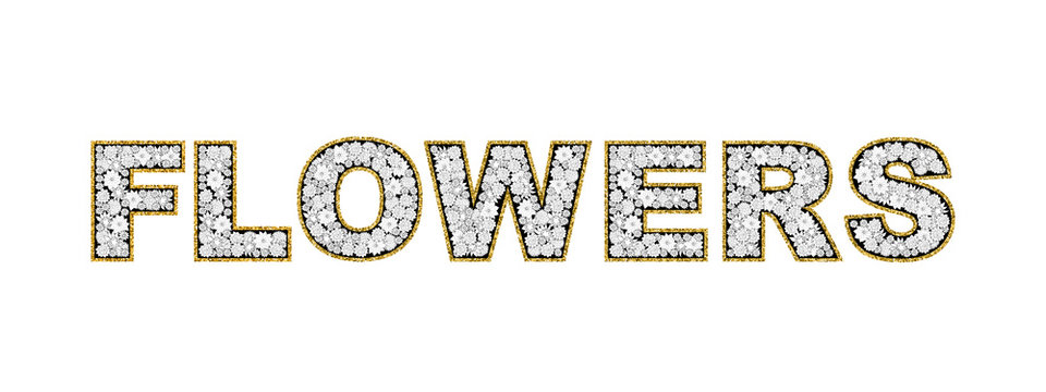 Hand drawn floral alphabet design. Gold glittering contour. FLOWERS word