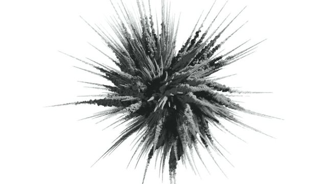 Cg animation of black powder explosion on white background.